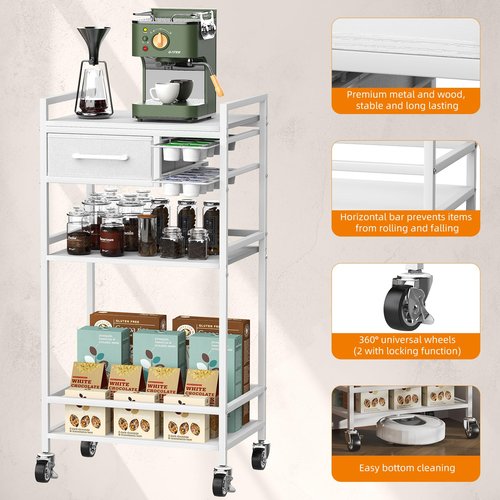 Housolution 4-Tier Coffee Bar Cart with Storage, 33" H Coffee Station Cabinet with Pod Drawers for Nespresso Vertuo, Mini Toaster Oven Stand Table for Home, Kitchen, Living Room (White + Grey)