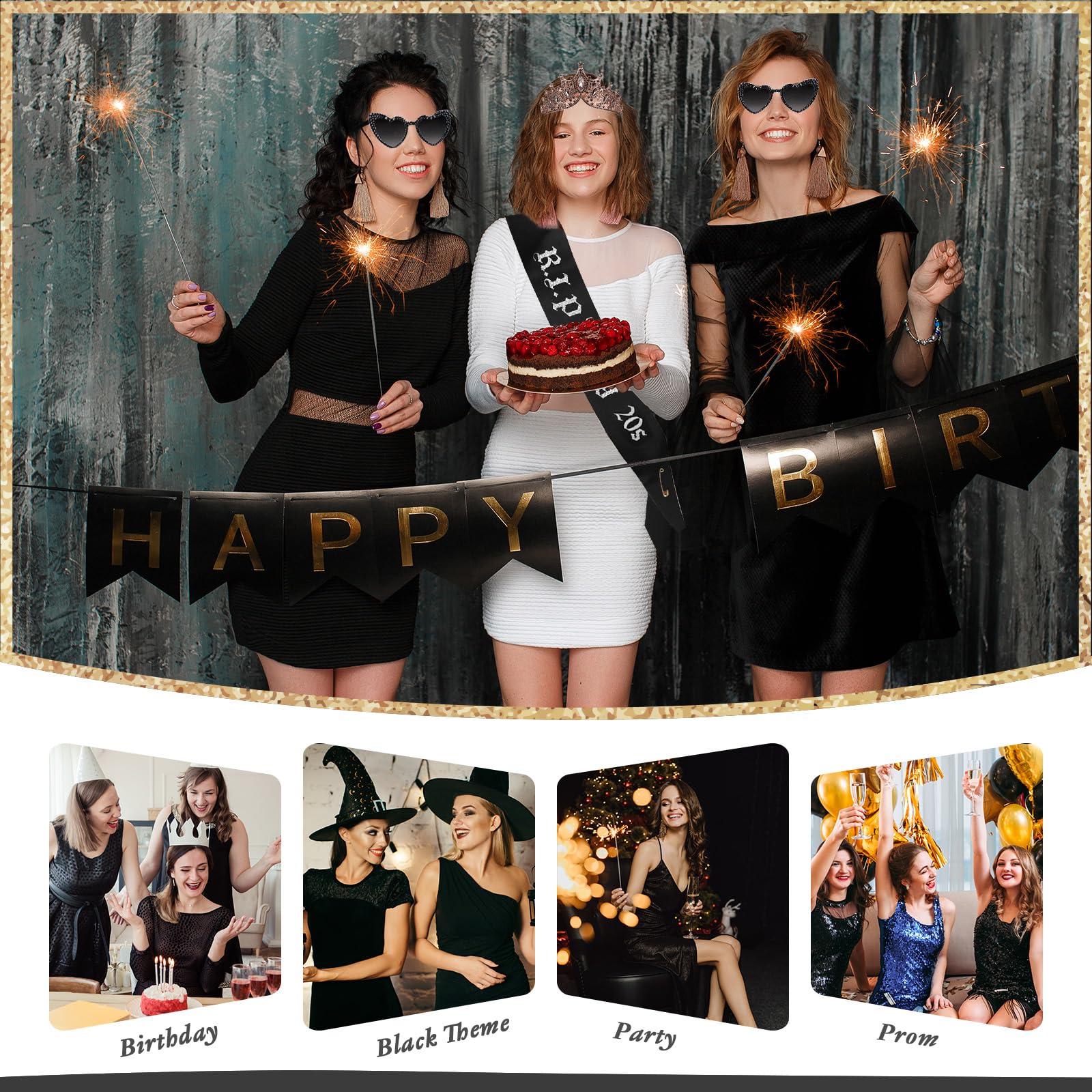 Rip To My 20s Sash And Crown with Sunglasses Set Black Birthday Sash Bronze Gold Crown Birthday Party Accessories for Women 30th Birthdays Glitter Party Favors (Sash&Crown&Sunglasses)