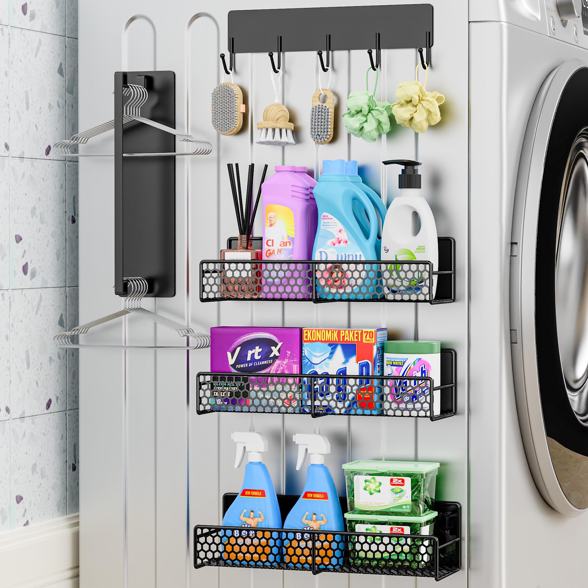 JulktLli 5 Pack Multifunctional Magnetic Shelves for Washing Machine & Refrigerator - Heavy Duty Laundry Room Organization System with Tool Hooks, Metal Storage Baskets (Black)