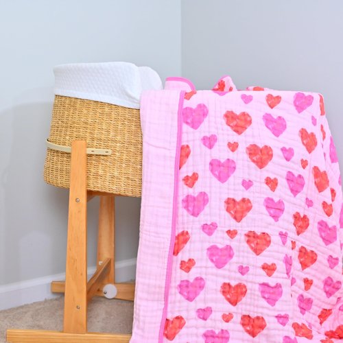 LollyBanks Baby Blanket, 100% Organic Cotton Muslin Quilt for Girls, 47 x 47 Inches Toddler Quilt, Soft and Breathable 6-Layer Newborn Blankets, Crib Bedding Essential (Gemstone Heart Print)