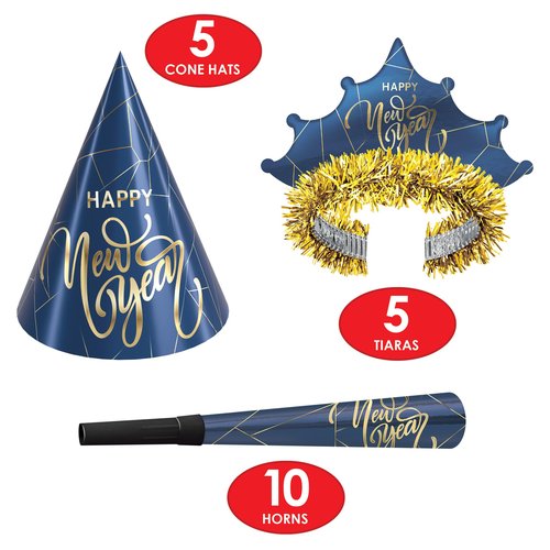 Beistle Midnight Blue New Year Party Kit for 10 – Celebration Set of NYE Accessories, Cone Hats, Fringed Tiaras & Foil Horns, Elegant Metallic Navy & Gold New Year’s Eve Countdown Headwear Supplies
