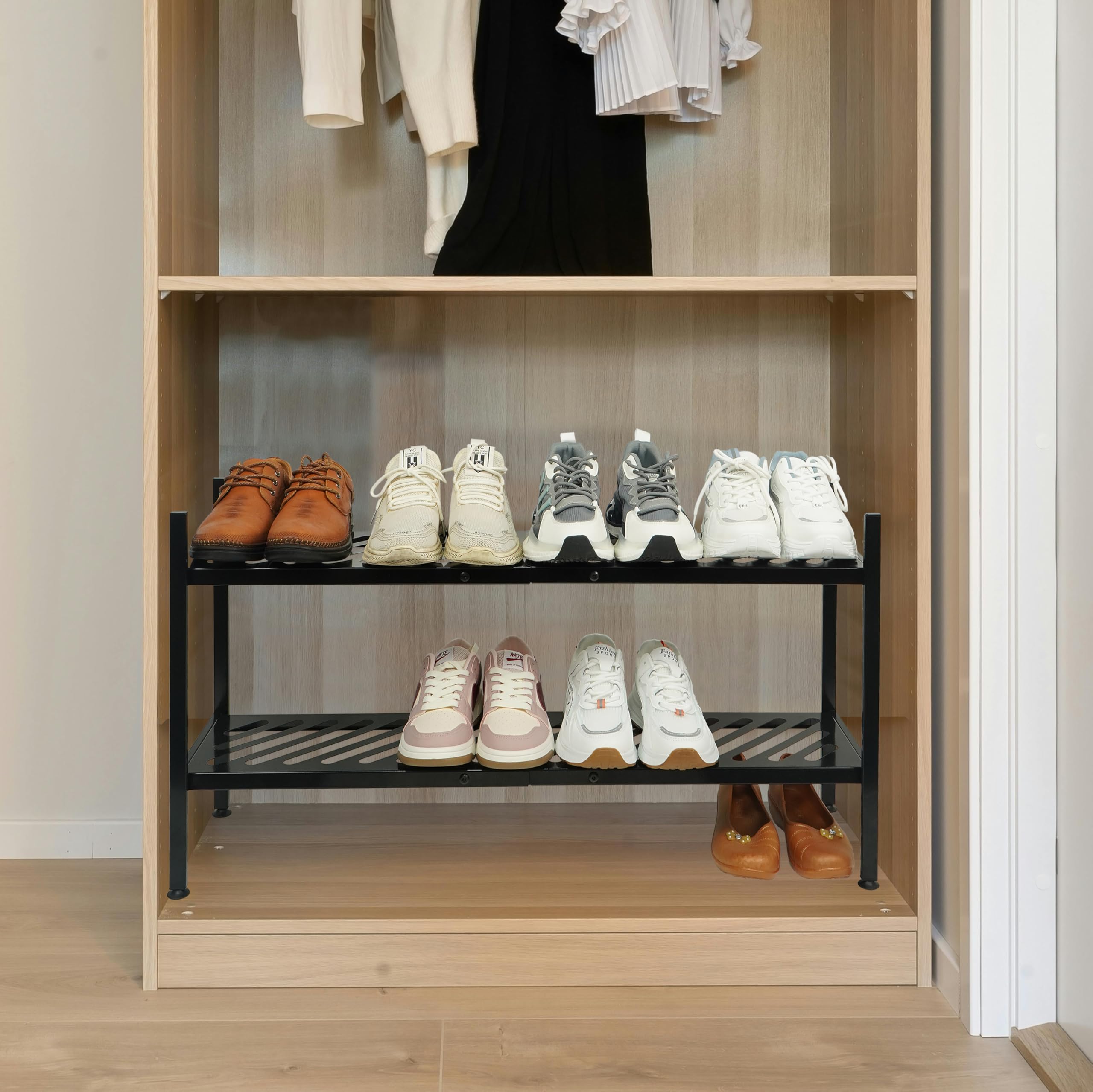 Nijoam Shoe Rack - Metal Shoe Organizer 2 Tier Shoes Shelf Storage, 35 Inches Stackable Long Show Stand Holder for Closet, Entryway, Garage, Floor, Door Entrance, Black