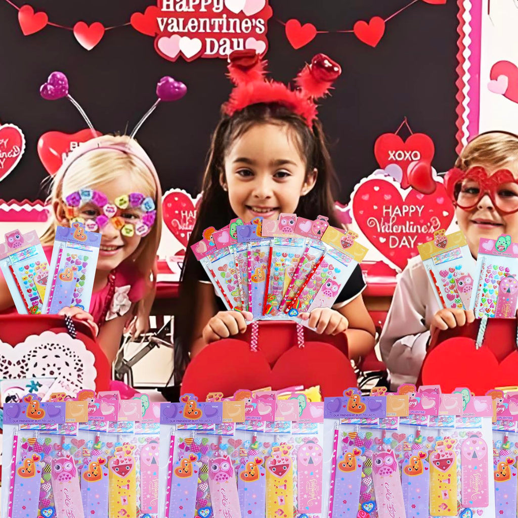 Decodinli 28 Pack Valentines Day Gifts for Kids - Valentine's Day Party Favors for School Exchanges Gifts with Erasers, Pencils, Stickers and Rulers, Valentine's Day Stationery Set with Gift Card