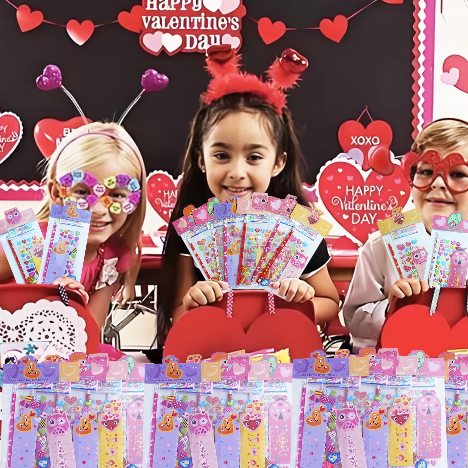 Decodinli 28 Pack Valentines Day Gifts for Kids - Valentine's Day Party Favors for School Exchanges Gifts with Erasers, Pencils, Stickers and Rulers, Valentine's Day Stationery Set with Gift Card