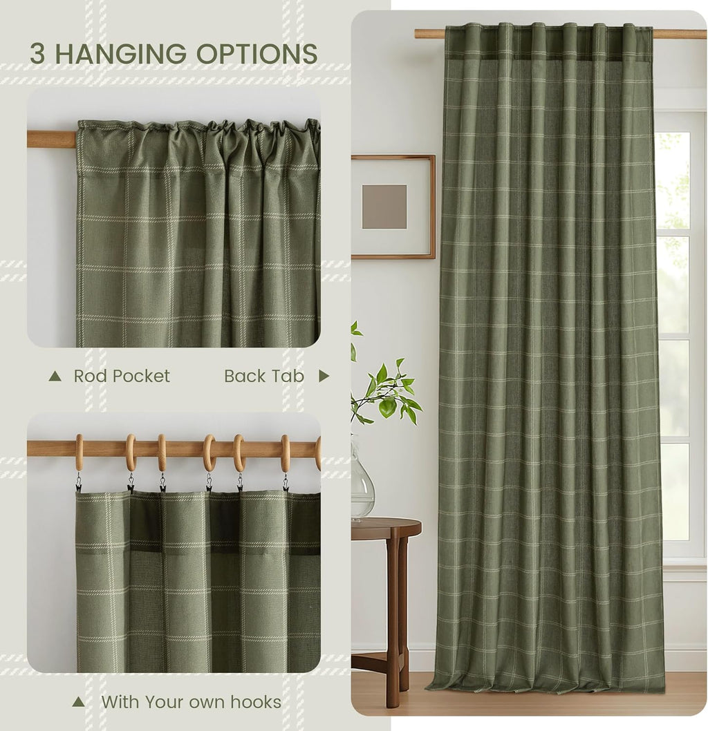 NICETOWN Linen Plaid Curtains - Moss Green Check Tartan Light Filtering Window Panels | 52" x 84" (2 Panels)