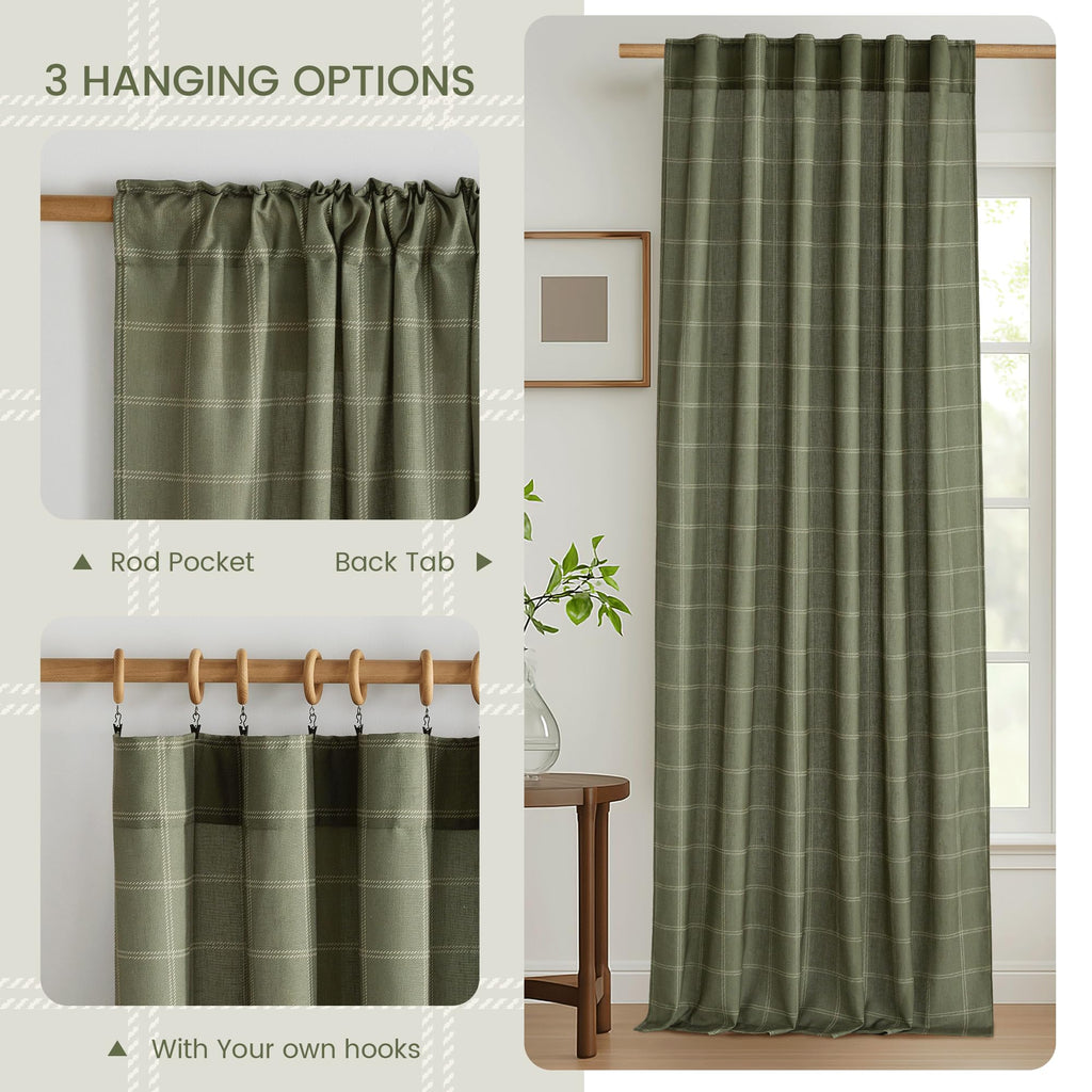 NICETOWN Linen Plaid Curtains Gingham Window Panels Moss Green Check Tartan Light Filtering Curtains for Living Room Bedroom, Rod Pocket Back Tab, 2 Panels, 52 inch Wide x 84 inch Long