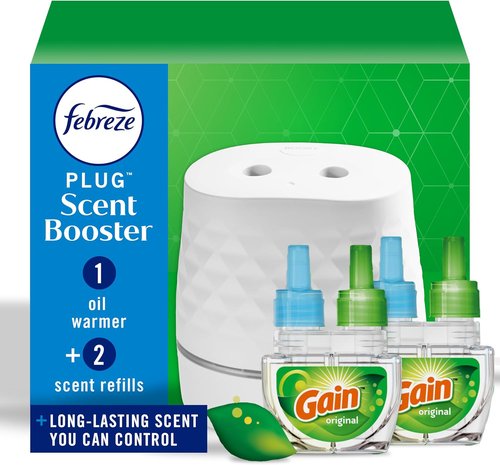 Febreze Plug Scent Booster Starter Kit - Continuous Air Freshener & Oil Diffuser | Includes 2 Gain Refills