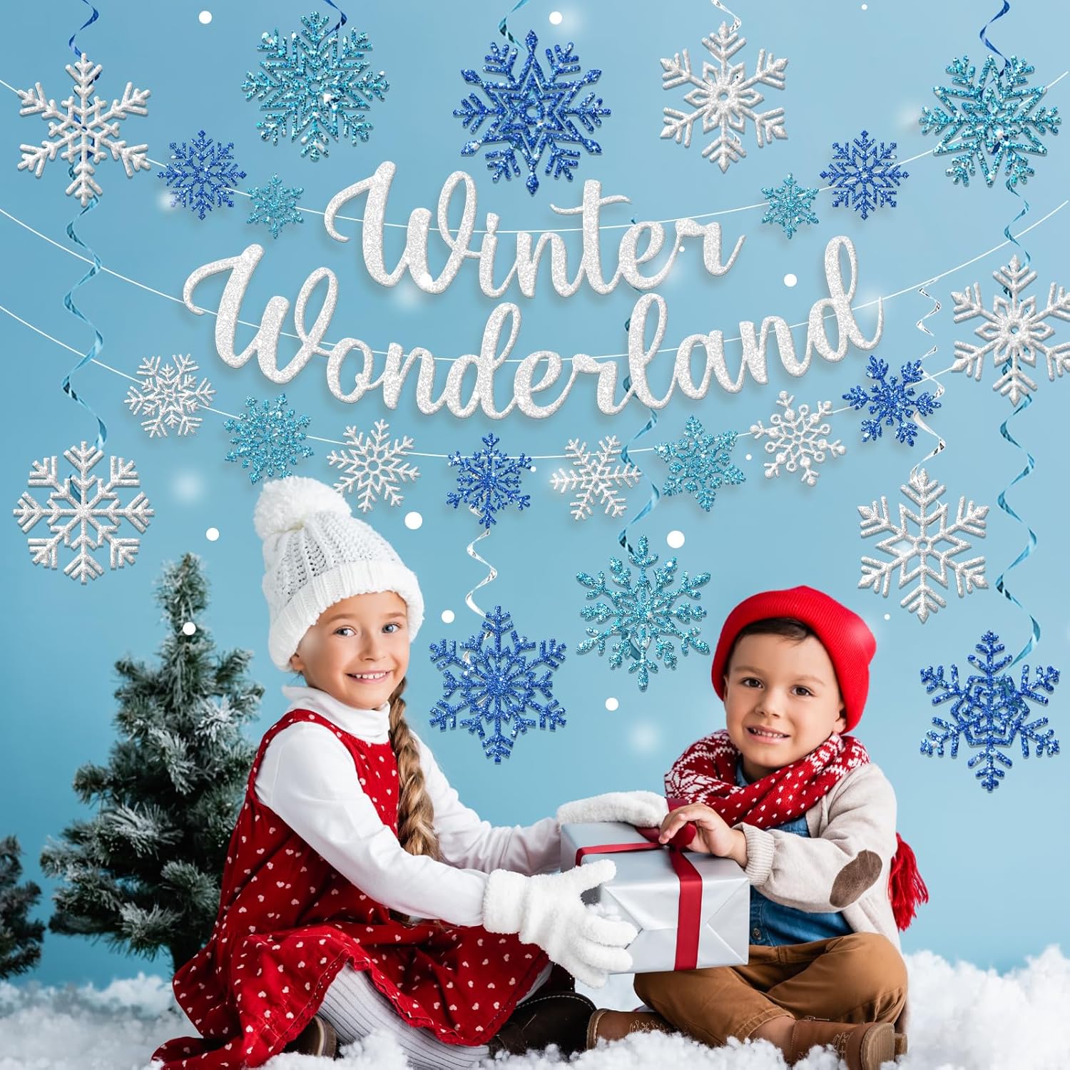 Winter Wonderland Decorations - Blue Glitter Banner & Snowflake Ornaments for Festive Indoor Decor