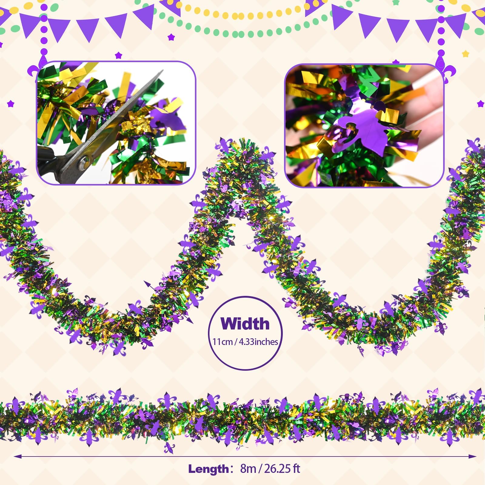 Mega-L Mardi Gras Tinsel Garland Decorations, 2 Pack 26.25Ft Green Gold Purple with Fleur-De-Lis Chunky Glittery Holiday Hanging Tinsel Decorations for Carnival Parade Car Party Supplies Home Decor