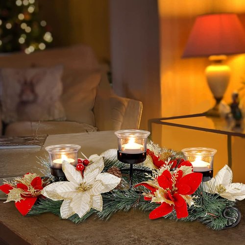FORUP Christmas Centerpiece - Elegant Poinsettia Design with 3 Flameless Candles | Perfect for Holiday Table Decor