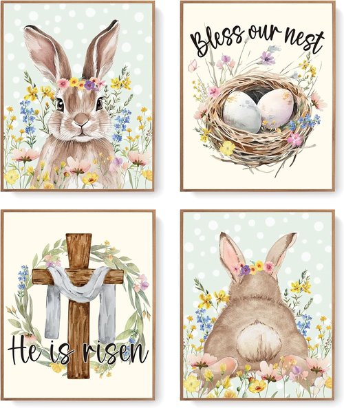 LARTSFRO Easter Decor - Bunny Egg Wall Art Prints | Happy Easter Nursery Decor, 10x8 Inch Set of 4 Unframed