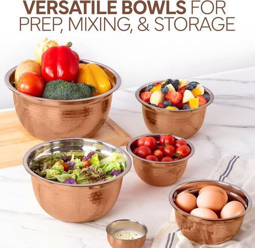 Cook With Color 18-Piece Mixing Bowls Set - Handcrafted Stainless Steel with Airtight Lids | Copper Hammered Finish