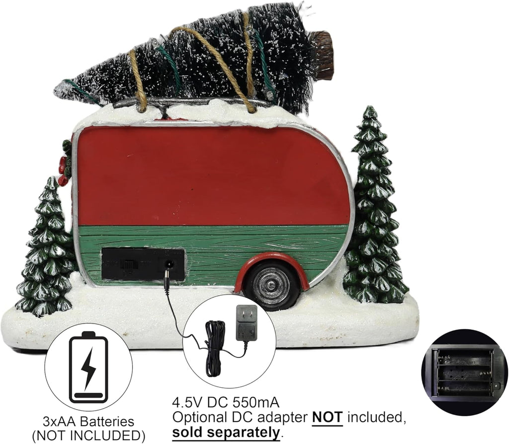 Moments In Time Christmas Village Lighted Camper Scene - 7.3” Hand-Painted Polyresin with LED Lights & Music