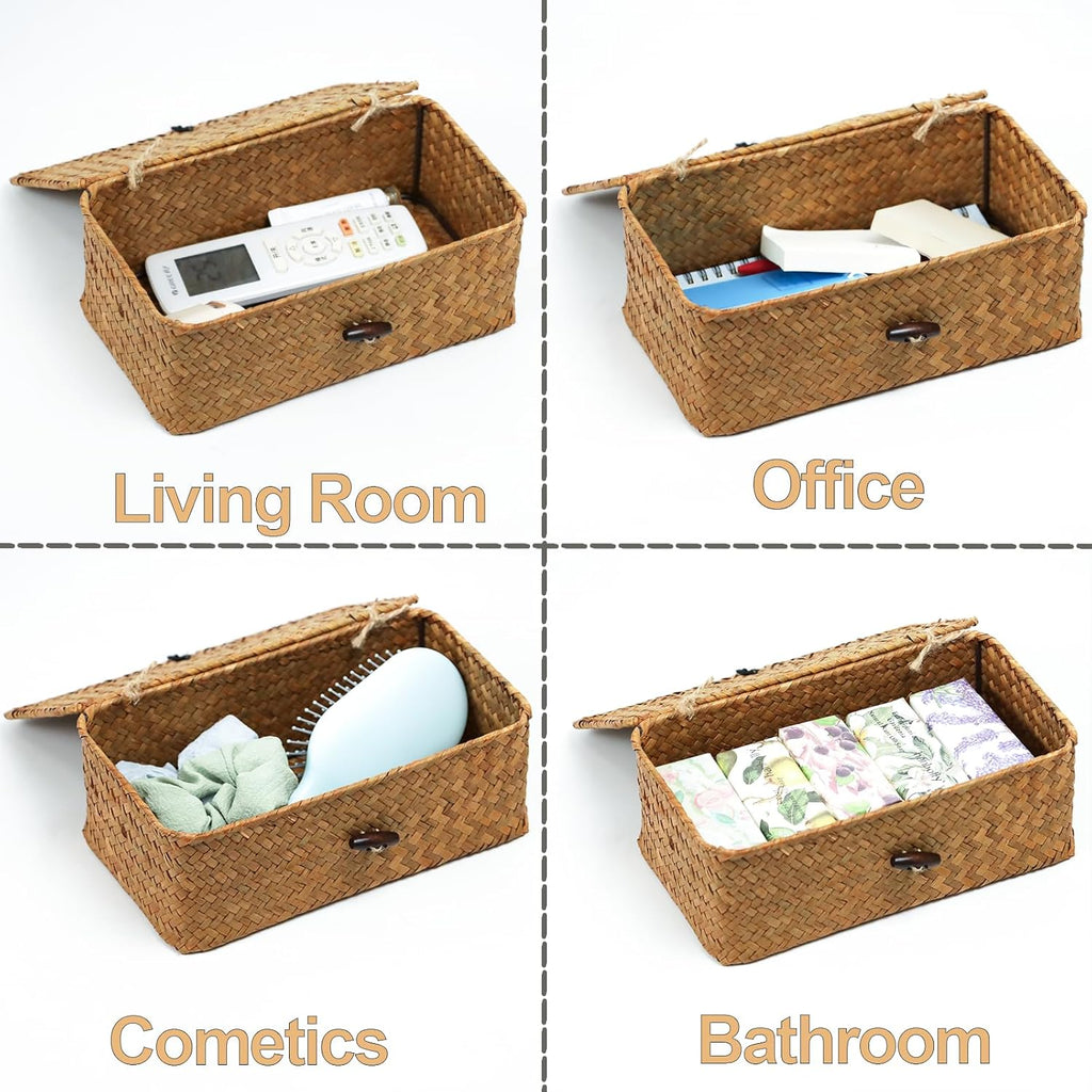 Wicker Storage Basket - Natural Seagrass Organizer with Lid | Rectangular Decorative Bin for Home