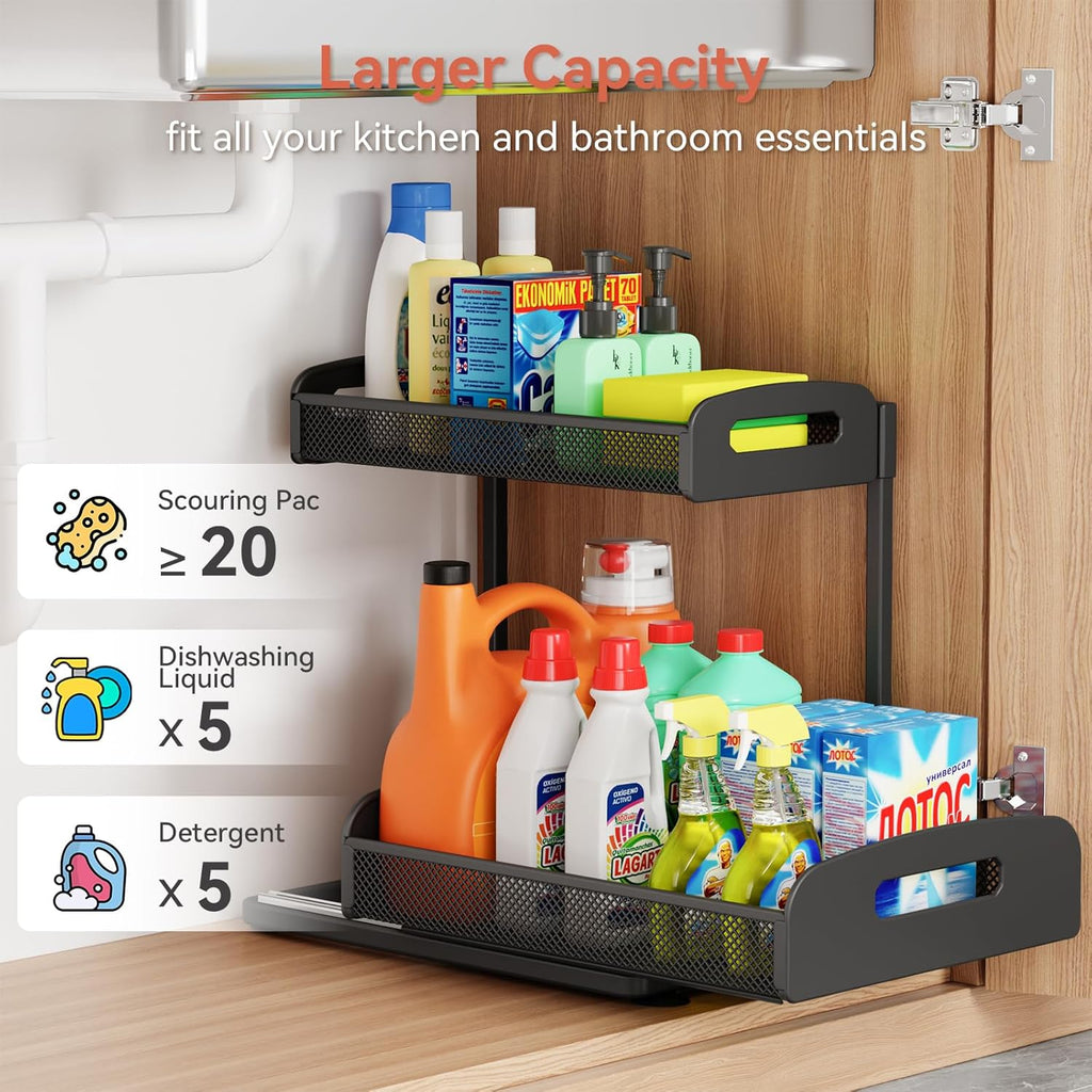 YASONIC Under Sink Organizer - 2 Tier Height Adjustable Metal Cabinet Shelf | Black Storage Solution for Kitchen & Bathroom
