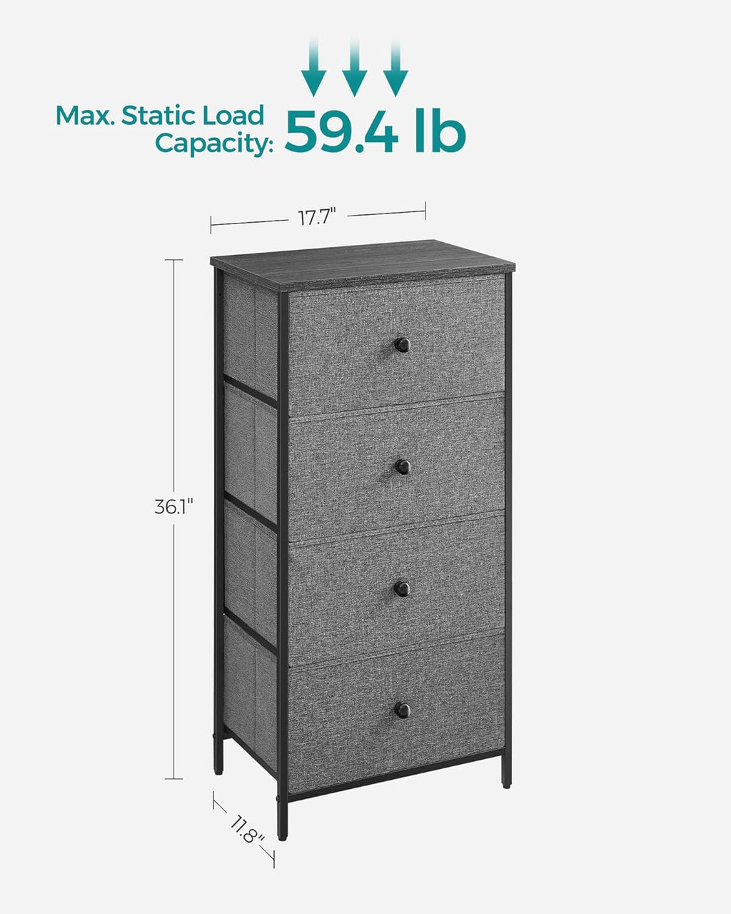 SONGMICS Fabric Dresser - 4 Drawer Small Chest with Metal Frame | Gray and Black Wood Grain Finish