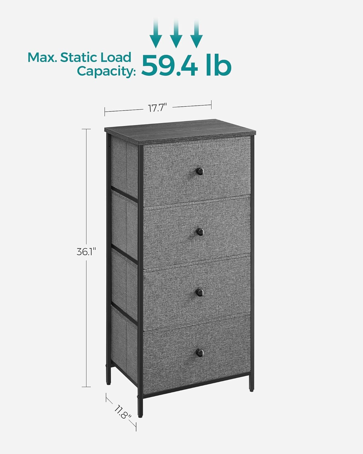 SONGMICS Fabric Dresser - 4 Drawer Small Chest with Metal Frame | Gray and Black Wood Grain Finish