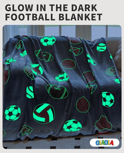 OLAOLA Soccer Glow in The Dark Blanket for Kids Boys Girls Toddler, Soft Warm Cozy Sports Theme Basketball Throw Blanket, 60"x80", Polyester, Machine Washable