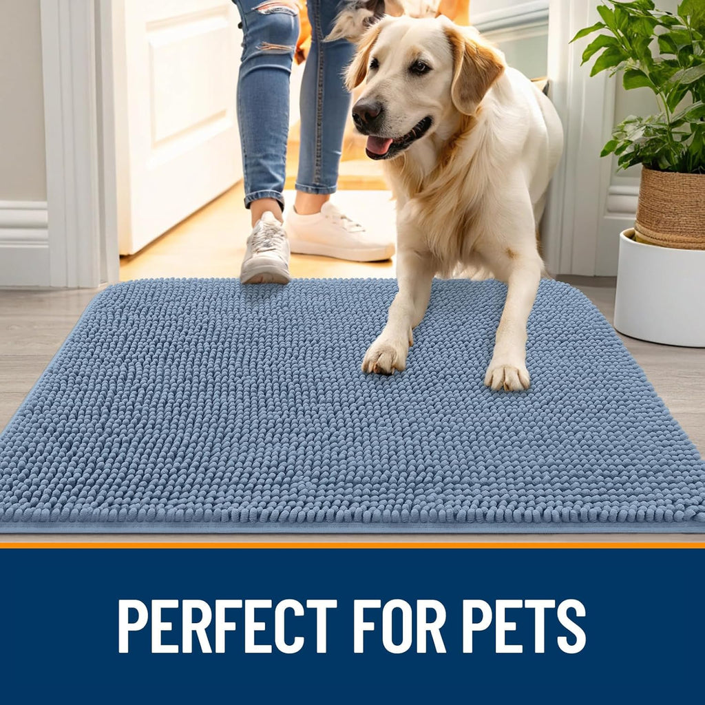 OLANLY Dog Door Mat - Absorbent Non-Slip Chenille Mat for Muddy Paws | 24x16, Quick Dry, Airy Blue