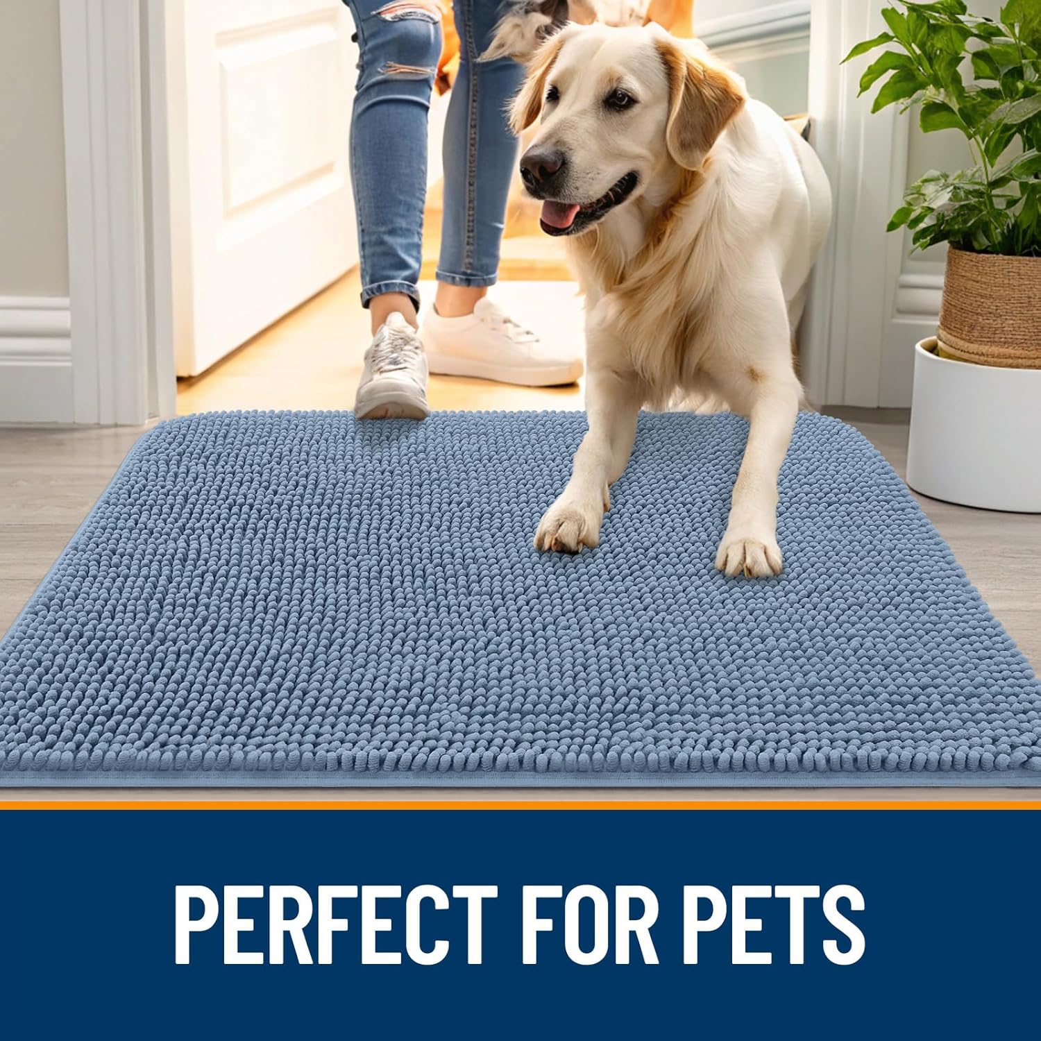 OLANLY Dog Door Mat - Absorbent Non-Slip Chenille Mat for Muddy Paws | 70x32, Quick Dry, Airy Blue