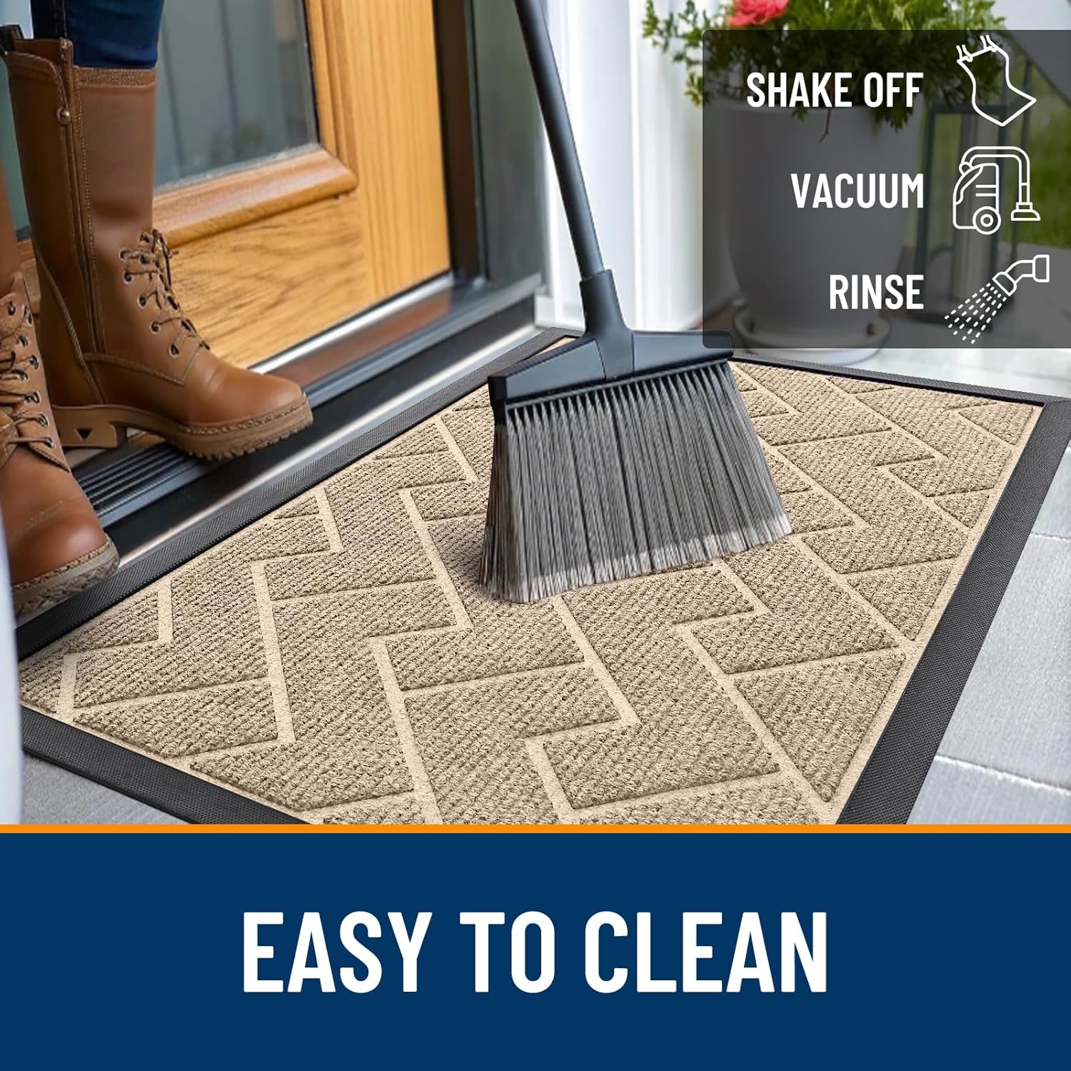 OLANLY Waterproof Front Door Mat - All-Season Indoor/Outdoor Doormat | Sturdy Natural Rubber, Herringbone Brick (Beige, 36x24)