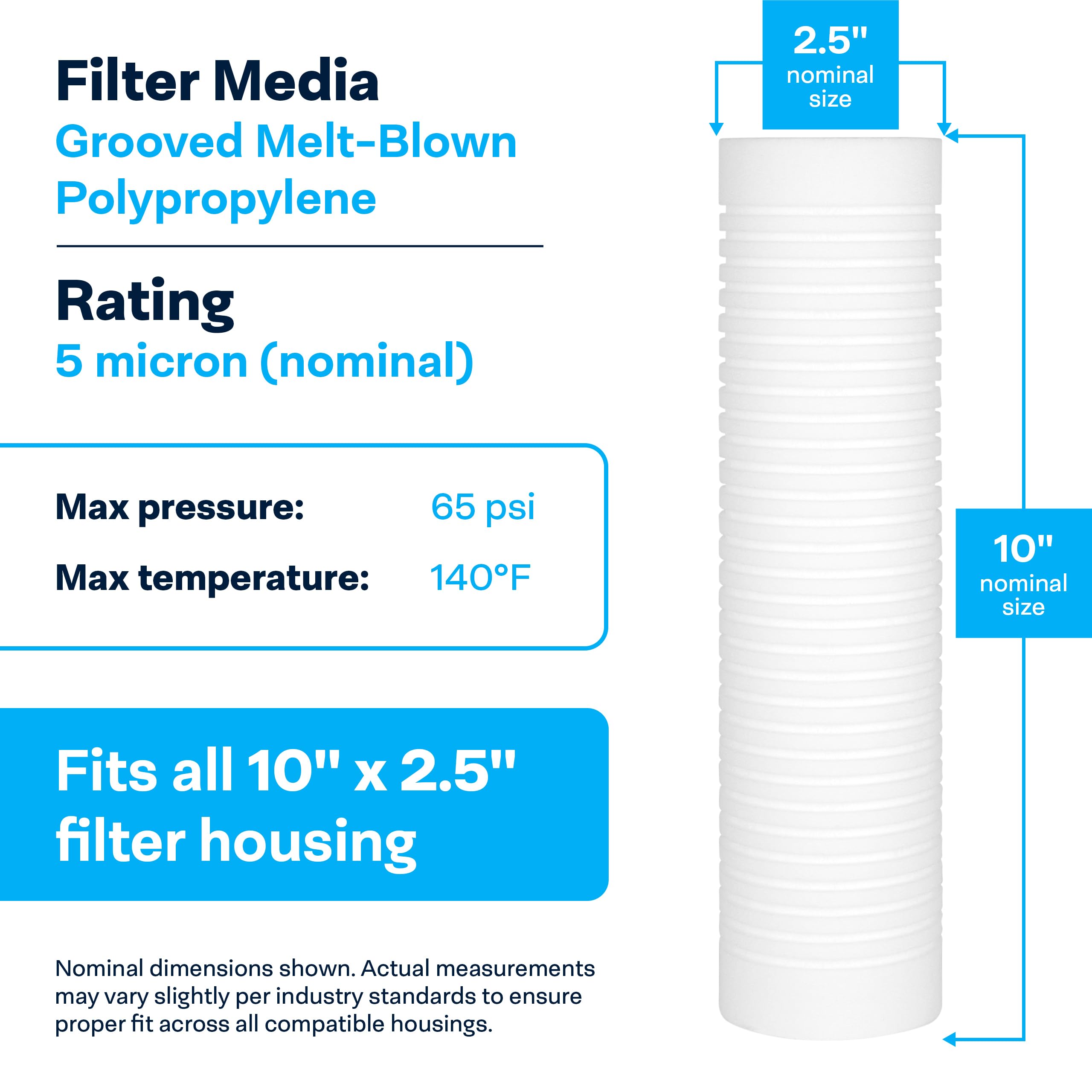 SpiroPure SP-AP110 10x2.5 5 Micron Grooved Melt-Blown Polypropylene Sediment Water Filter Cartridge SGC-25-1005 AP110 (Case of 24)