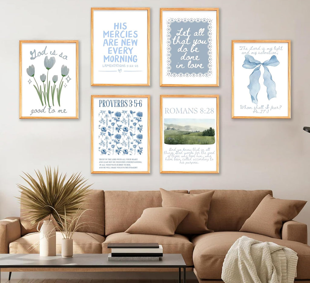 Skiennix Set of 6 Trendy Blue Christian Canvas Wall Art - Inspirational Bible Verses for Girls' Room