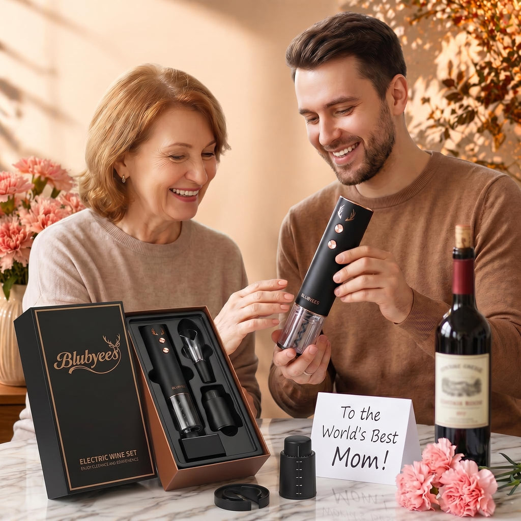 BLUBYEES 4-in-1 Rechargeable Electric Wine Opener Set - Automatic Corkscrew, Foil Cutter, Aerator Pourer, Vacuum Stopper - Wine Lovers Gifts for Women and Men