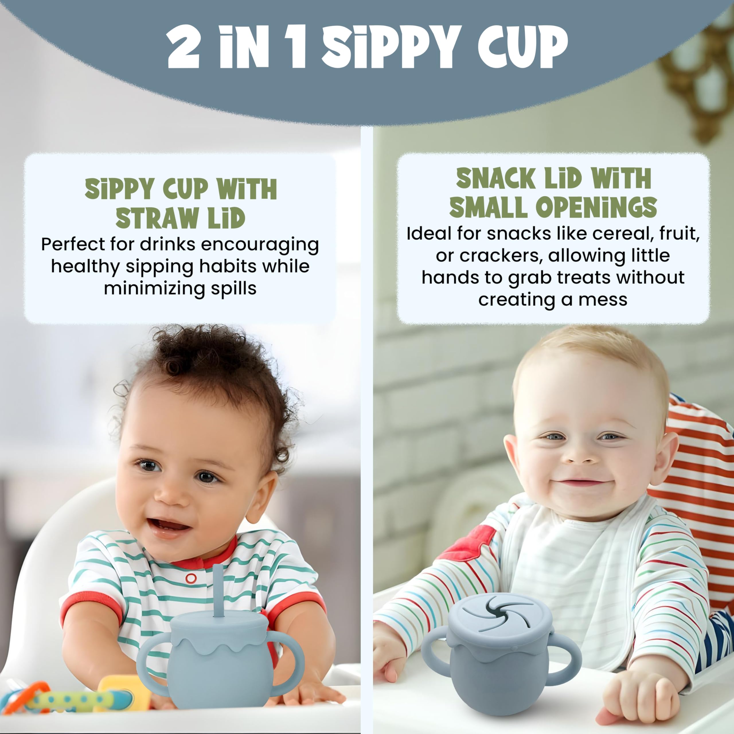 Baby Feeding Essentials, Baby Led Weaning Supplies, Silicone Baby Feeding Set, with Baby Spoon, Fork, Baby Bib, Sippy Cup, Suction Plate, Suction Bowl, Baby Eating Essentials, 6+ Months (Dusty Blue)
