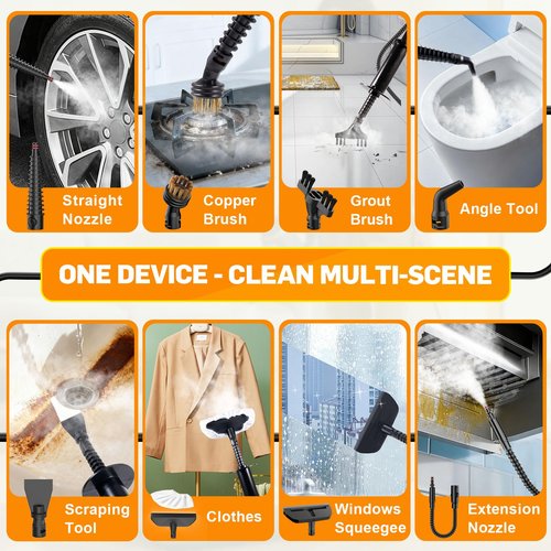 Handheld Pressurized Steam Cleaner for Home - 15s Heat-Up 3-Level Adjustable Steam Cleaner with 14pcs Accessories, Multi-Surface Steamer for Cleaning Car Detailing, Tile, Grout, Chemical-Free