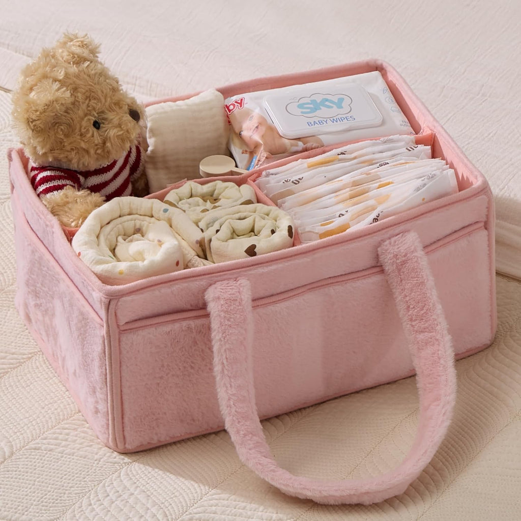 Skiennix Soft Baby Diaper Caddy Organizer - Portable Nursery Storage Basket with Removable Divider | Light Pink