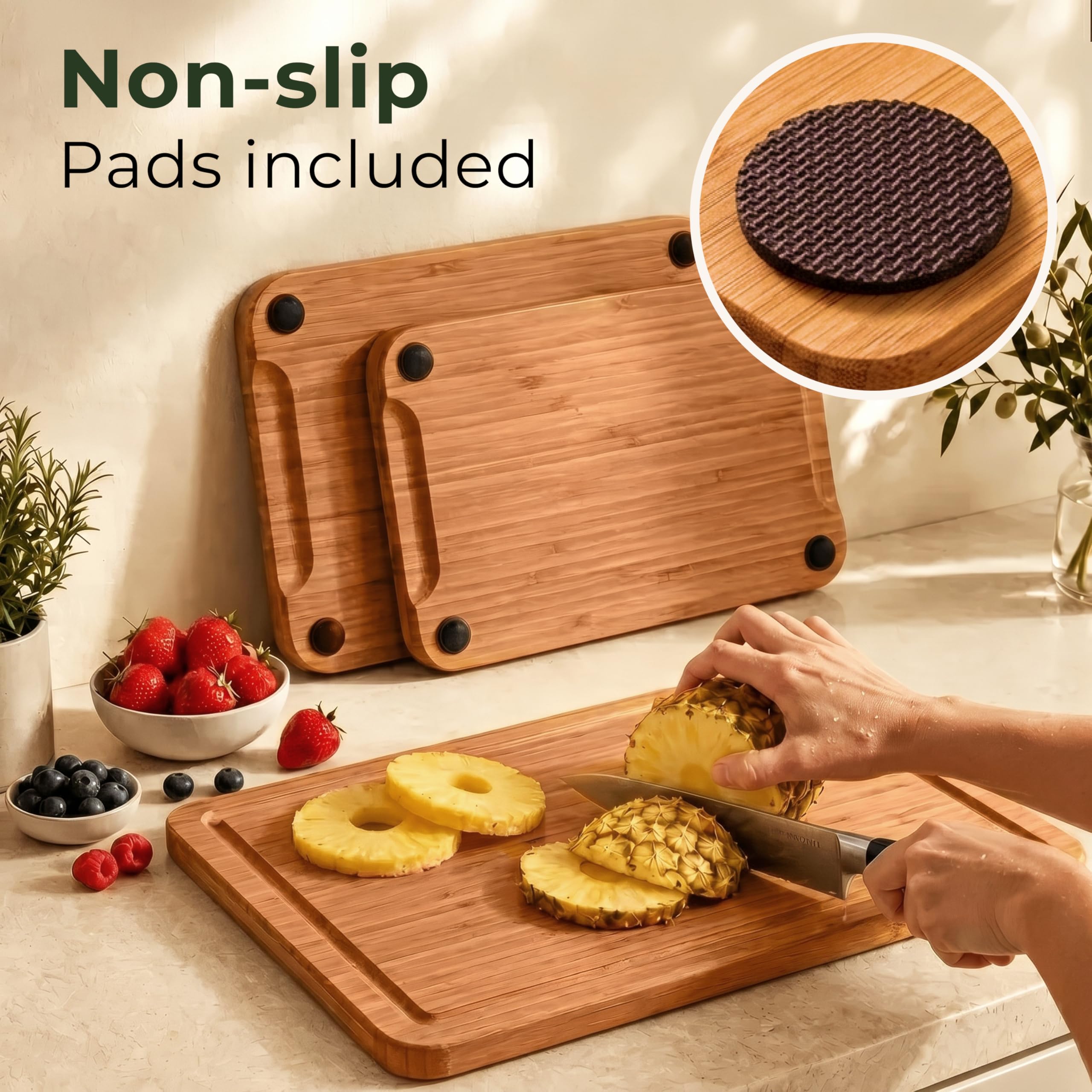 Wooden Cutting Board Set of 3 - Thick & Durable Bamboo Wood Cutting Boards for Kitchen - with Deep Juice Grooves & Built-In Handles - Large Surface, Easy to Clean - for Meat, Vegetables and Fruits