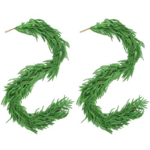 6 Ft 2 Pcs Artificial Norfolk Pine Garland, Real Touch Green Faux Greenery Garland for Christmas Table, Mantle, Wall, Fireplace, Indoor Outdoor Decor