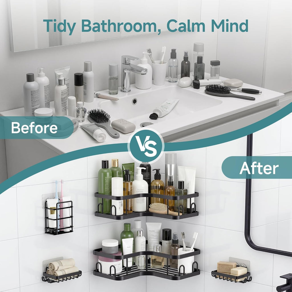 Veken Corner Shower Caddy - Rustproof No-Drill Adhesive Shelves & Soap Holder | Large Capacity, Black