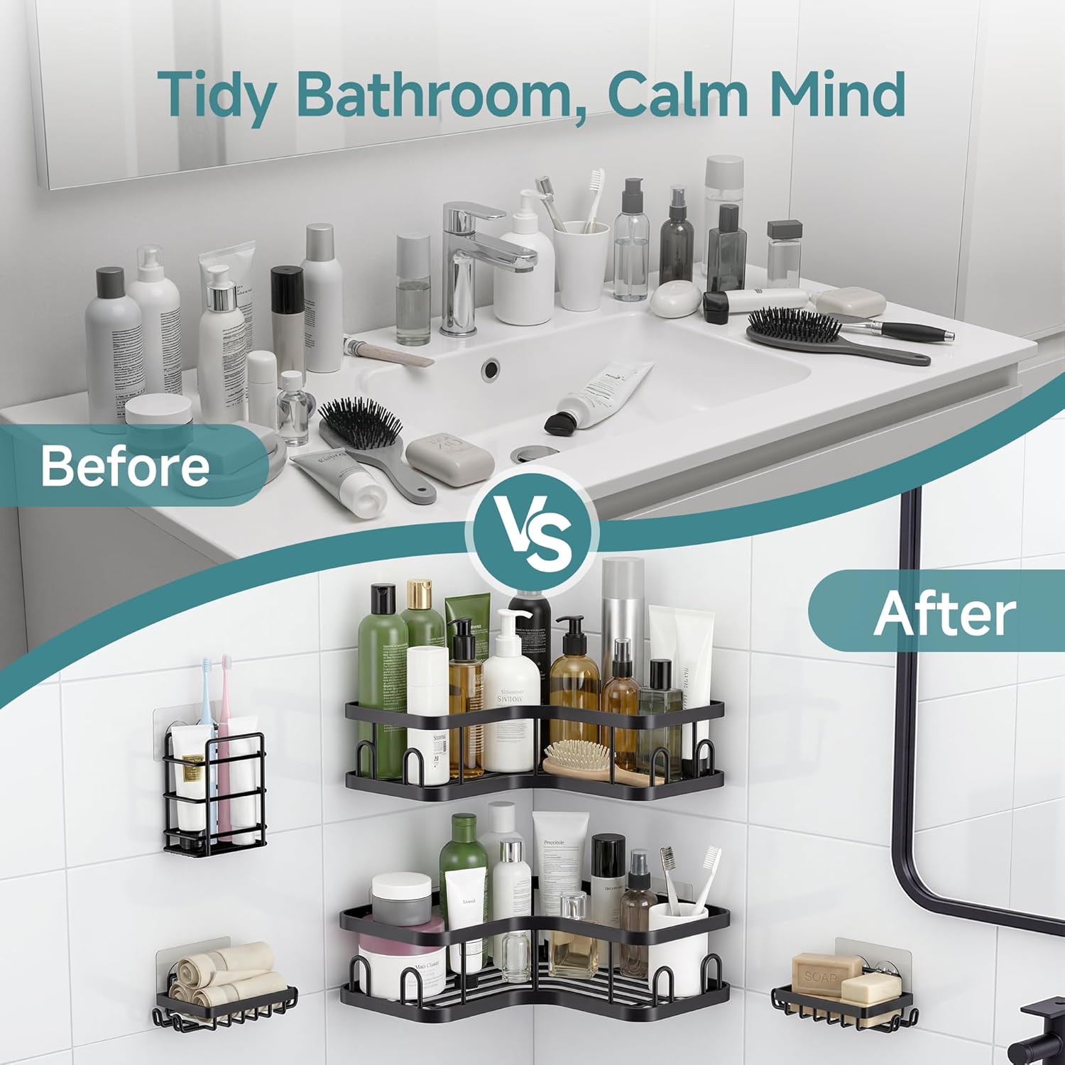 Veken Corner Shower Caddy - Rustproof No-Drill Adhesive Shelves & Soap Holder | Large Capacity, Black