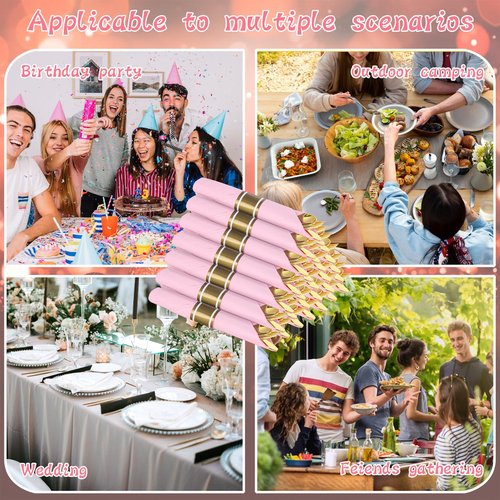 Supernal Gold Plastic Silverware Set with Pre Rolled Pink Napkin-Disposable Cutlery with Pink Linen Napkin Gold, Wrapped Plastic Silverware Heavy Duty Suit for Birthdays, Parties, Weddings 30Packs