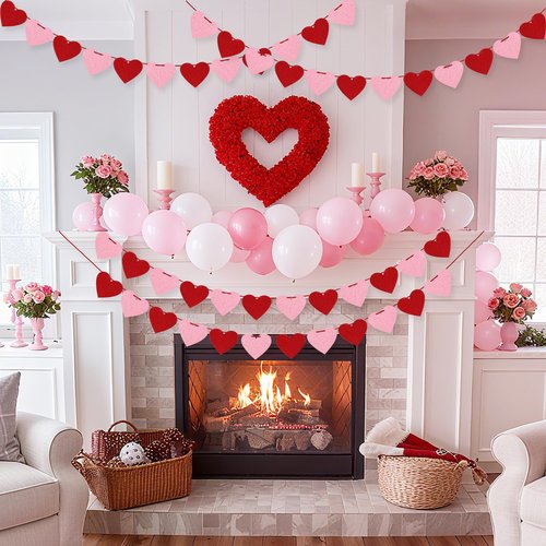 4 Pack Felt Heart Garland Banner, No DIY Valentine's Day Decorations Red Pink Hearts Hanging Banner 9.8ft Galentines Day Heart Felt Decor for Wedding Anniversary Birthday Home Valentine Party Supplies