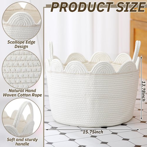 LemonRoad White Rope Basket Scalloped Woven Baskets 15.8"L x 15.8"w X13.8"h Cotton Storage Round Basket for Nursery Classroom Closet Blankets Storage Home Decor