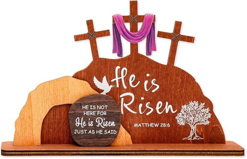 Alcarin He Is Risen Easter Decor - Wooden Resurrection Scene with Cross & Figurines | Christian Tabletop Decoration
