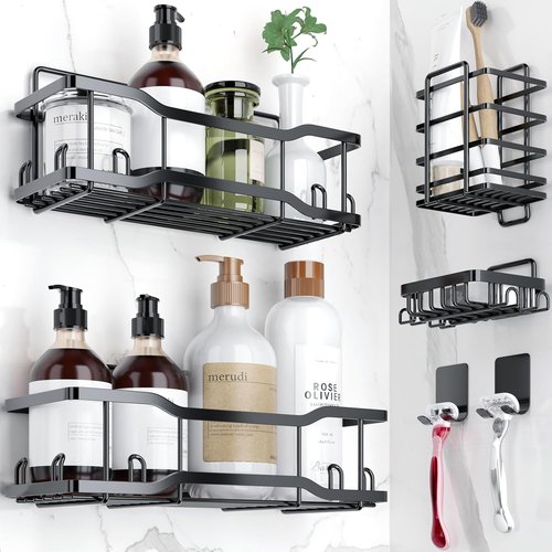 Athena Silken Shower Caddy Set - Rustproof 304 Stainless Steel Organizer - 40LB Capacity - Black