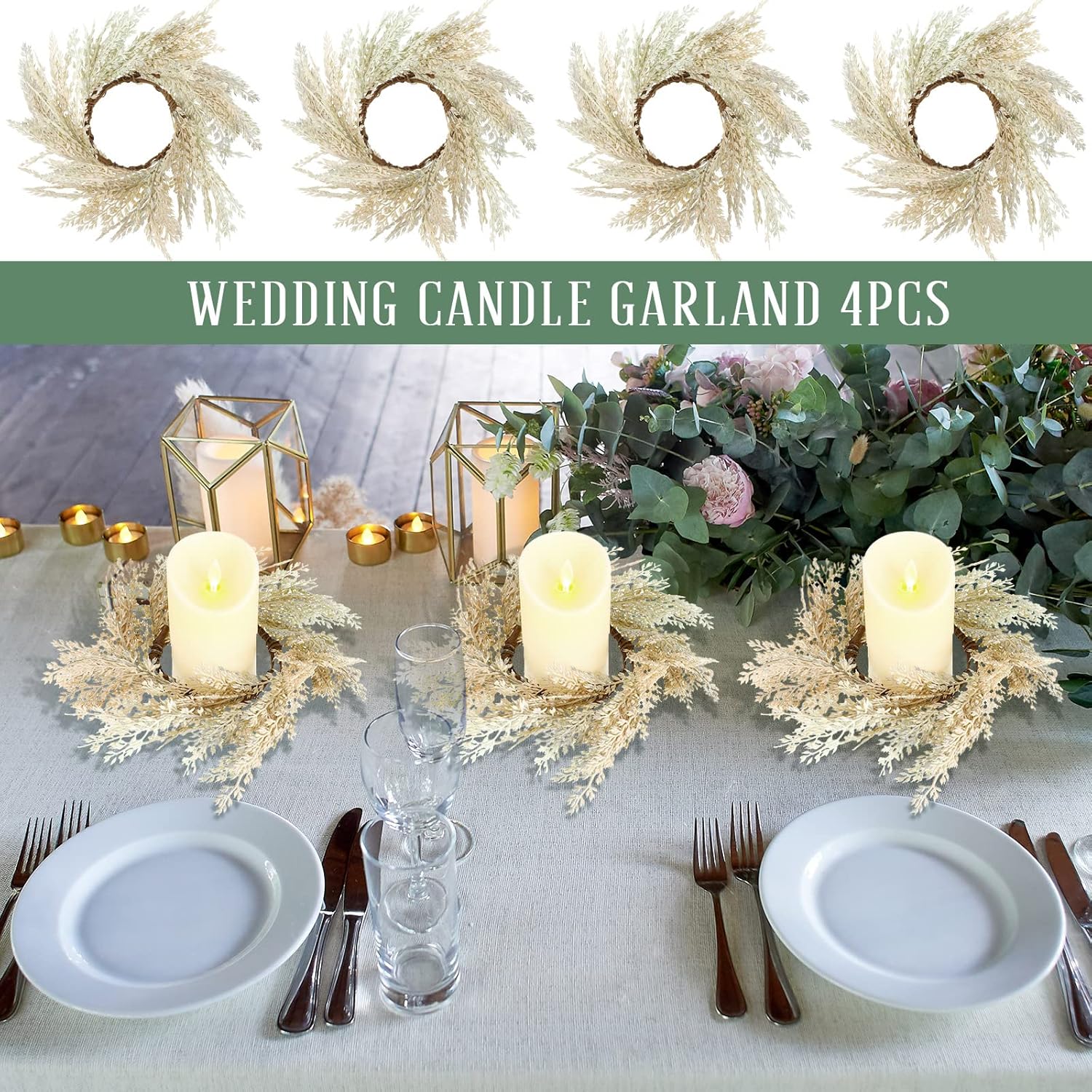 Panelee Pampas Grass Candle Rings - 4 Pcs Faux Greenery Wreaths for Boho Home Decor | 3.9 Inch Size