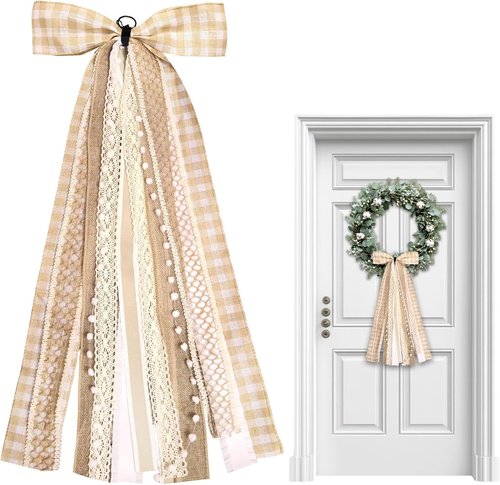 Fall Plaid Wreath Bows - Natural Assorted Lace Ribbon Clip-On Sash for Thanksgiving Decor