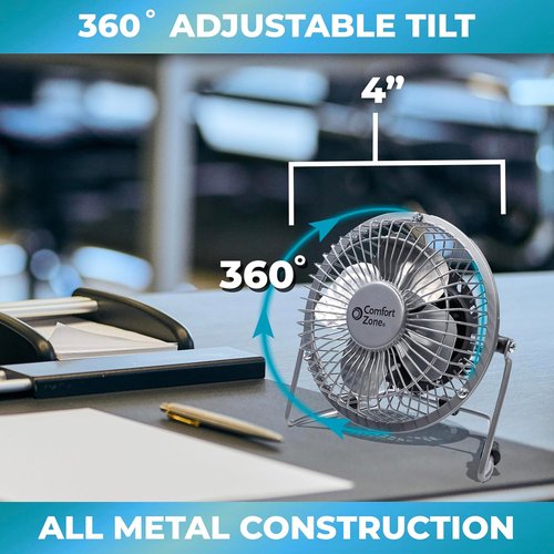 Comfort Zone Mini Desk Fan - High Velocity 4-Inch All-Metal USB Fan with Adjustable Tilt & Quiet Operation | Perfect for Home, Office & Travel
