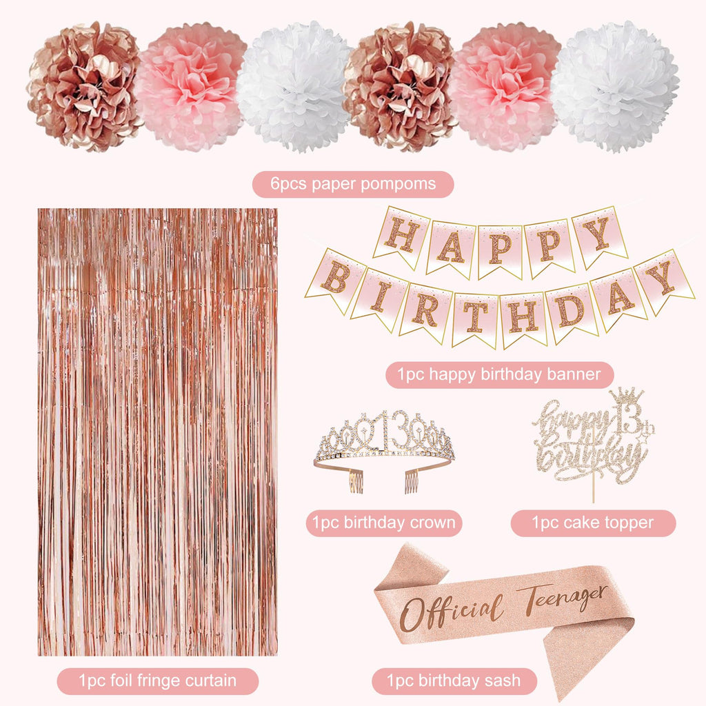 13th Birthday Party Decorations for Girls, Rose Gold Official Teenager Foil Balloons 13th Birthday Banner Fringe Curtain Crown Sash Paper Pompoms Cake Topper for 13 Year Old Girls Party Favor Supplies
