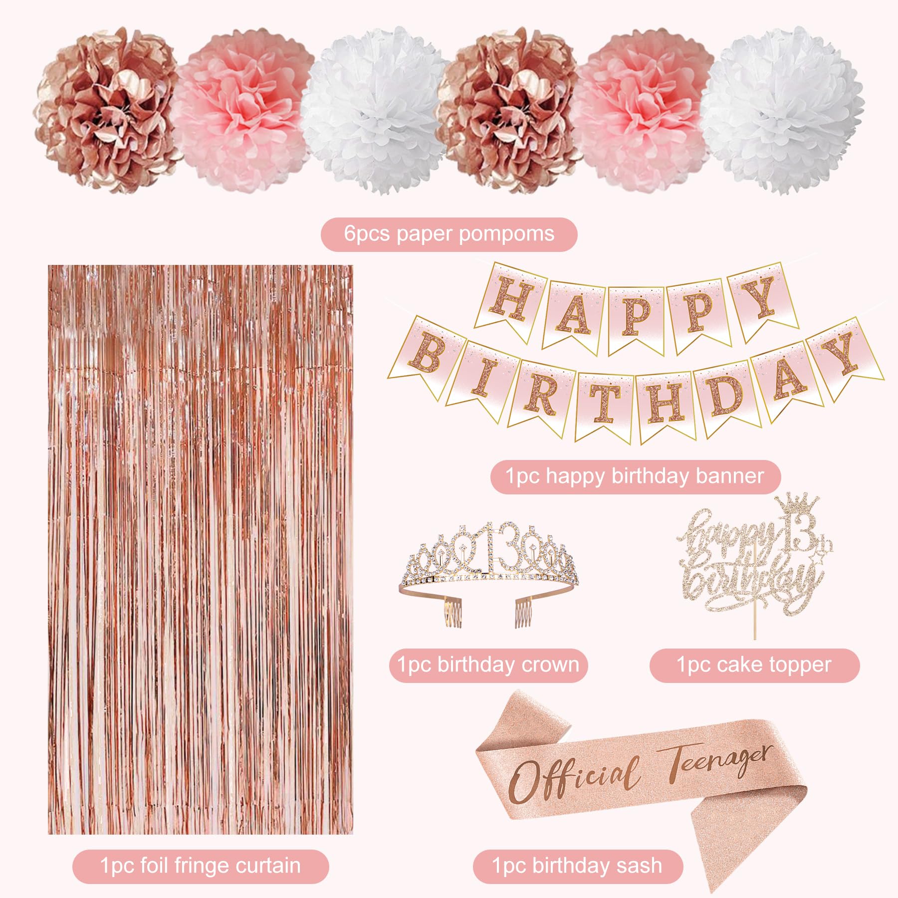 13th Birthday Party Decorations for Girls, Rose Gold Official Teenager Foil Balloons 13th Birthday Banner Fringe Curtain Crown Sash Paper Pompoms Cake Topper for 13 Year Old Girls Party Favor Supplies