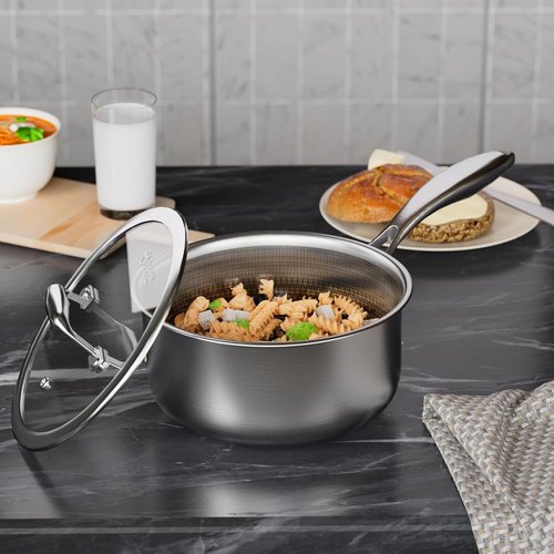 COOKER KING 1.5 Quart Stainless Steel Saucepan - Nonstick Ceramic Pot with Tempered Glass Lid | Induction Compatible, Dishwasher & Oven Safe