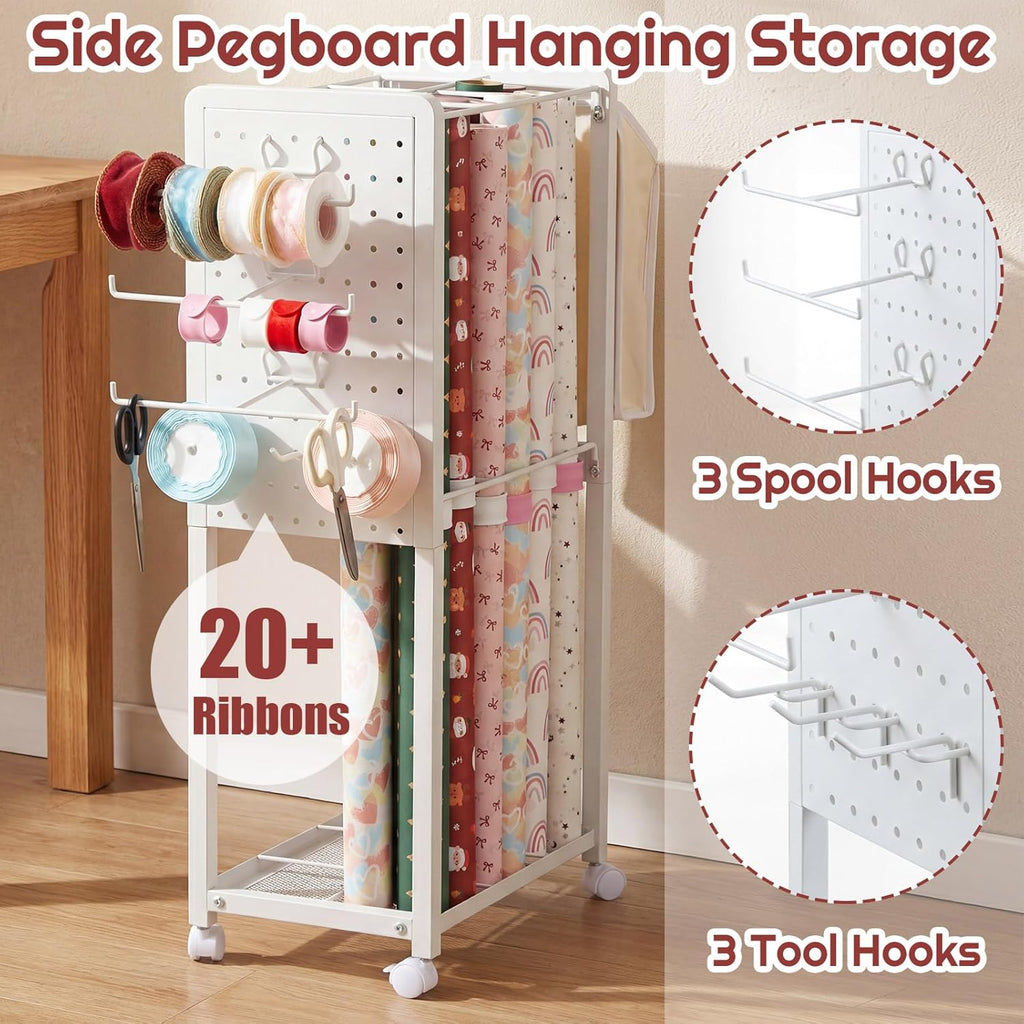 Skiennix Wrapping Paper Storage Organizer - Rolling Cart with Lockable Wheels & 15 Slap Bands | Fabric Drawer & Ribbon Holder