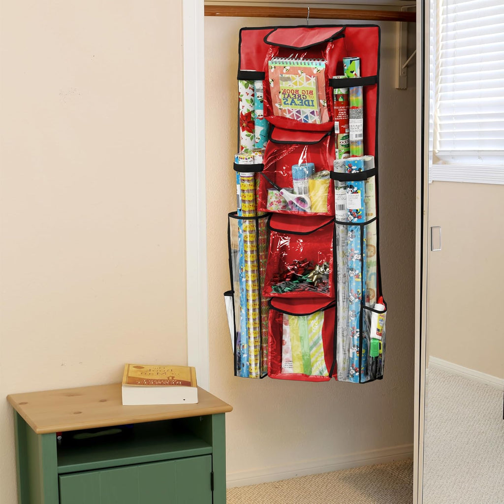Simple Houseware Gift Wrap Organizer - Double-Sided Storage Pockets in Red | Set of 1