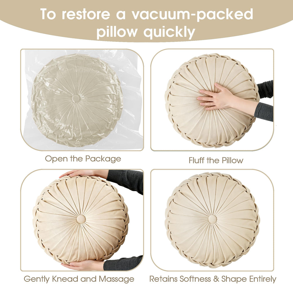 ROSE&RISY Round Pleated Velvet Throw Pillow, 1 Pack Decorative Accent Pumpkin Pillow Cushion for Couch Sofa Chair Bed Car Home Decor (14.5 Inch, Cream)