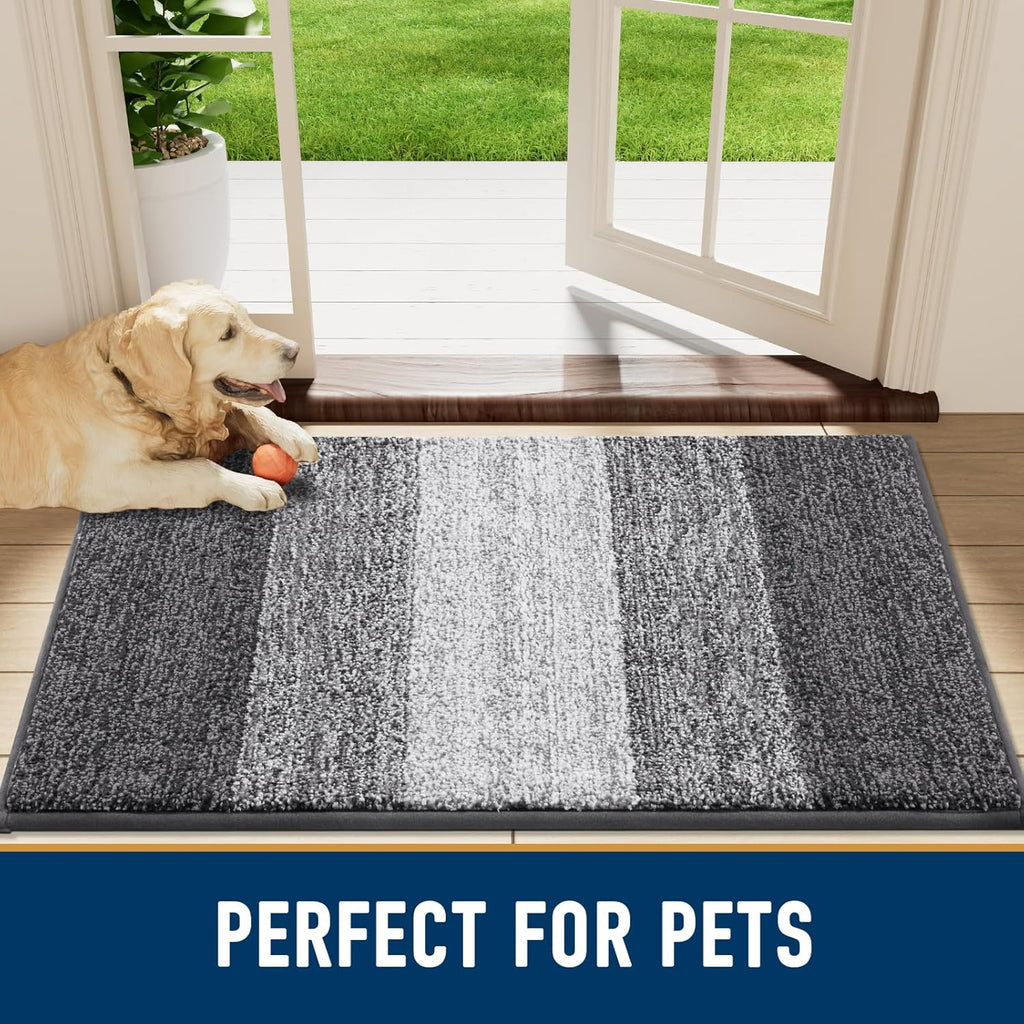 Smiry Dog Door Mat - Absorbent Indoor Outdoor Mat for Muddy Paws | Non-Slip, Low-Profile Design (30x20 Inches, Grey Striped)
